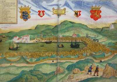 Mapa Bergen, z „Civitates Orbis Terrarum” Georga Brau (1541-1622) i Franza Hogenberga (1535-90) c.1571-1600 autorstwa Hieronymous Scholeus
