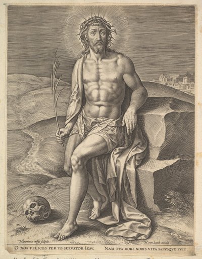 Chrystus siedzący na zimnym kamieniu przed ok. godz. 1586. autorstwa Hieronymous Wierix