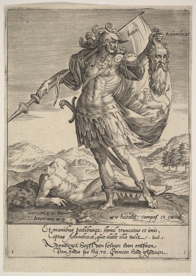 Juda z głową Adonibezek, z Willem van Haecht, Tyrannorum proemia, 1578, 1578. autorstwa Hieronymous Wierix