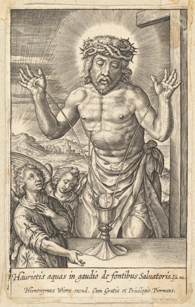 Krew Odkupiciela czczona przez dwóch aniołów przed 1619 r. autorstwa Hieronymous Wierix