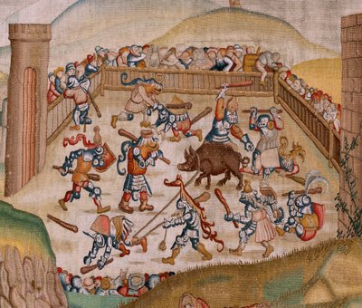 Flamandzki gobelin. Seria Cztery arrasy według Hieronima Boscha. Św. Marcin (San Martín). Pierwszy gobelin z serii. Model Zainspirowany twórczością Hieronima Boscha. Manufaktura Nieznany warsztat, Bruksela. Przed 1560. Tkanina Złoto, srebro, jedwab i woo autorstwa Hieronymus (after) Bosch
