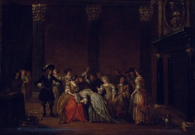 Eleganckie towarzystwo we wnętrzu ze sporem małżeńskim (olej na płótnie) autorstwa Hieronymus (follower of) Janssens