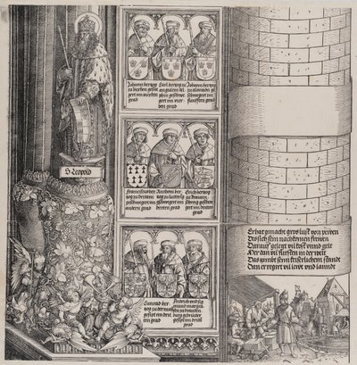 Maksymilian jako architekt, z posągiem św. Leopolda i popiersiami rodu Maksymiliana..., 15171518. autorstwa Hieronymus Andreae