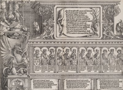 Część górna portalu prawego z napisem na skórze jelenia, fryz z ..., 1515. autorstwa Hieronymus Andreae
