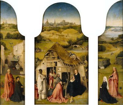 Adoracja Trzech Króli, Wnętrze (Święty Piotr z darczyńcą, Adoracja Trzech Króli, Święta Agnieszka z darczyńcą) autorstwa Hieronymus Bosch