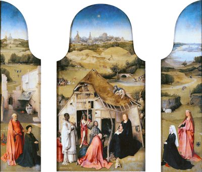 Adoracja Trzech Króli, Wnętrze (Święty Piotr z darczyńcą, Adoracja Trzech Króli, Święta Agnieszka z darczyńcą) autorstwa Hieronymus Bosch