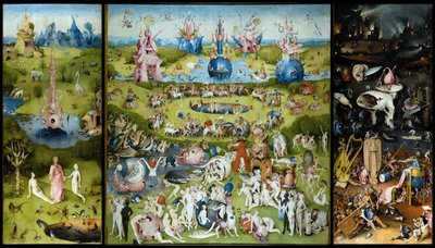 „Ogród rozkoszy ziemskich” Lewy panel: stworzenie Adama i Ewy. Panel centralny: miłośnicy delektowania się owocami. Prawy panel: piekło. Tryptyk Hieronymusa Van Aekena (Aken) znanego jako Jerome Bosch (1450-1516) autorstwa Hieronymus Bosch