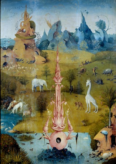 Raj La Fontaine. Fragment lewej części tryptyku „The Garden of Delices” autorstwa Hieronima Van Akena (Aken) dit Jerome Bosch (1450-1516) autorstwa Hieronymus Bosch