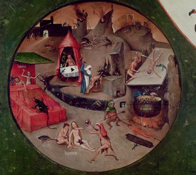 Blat siedmiu grzechów głównych i czterech rzeczy ostatecznych, fragment piekła, ok. 1480 (olej na panelu) autorstwa Hieronymus Bosch