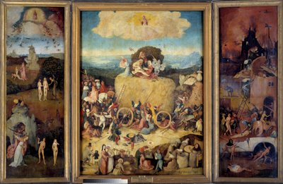 Alegoria wozu z sianem przełęczy, teraźniejszości i przyszłości. Lewy panel przedstawiający stworzenie Adama i Ewy, grzech pierworodny oraz polowania Adama i Ewy z ziemskiego Raju. W centrum przedstawienie zgiełku tłumu i mężczyzn w autorstwa Hieronymus Bosch