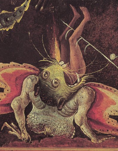 Sąd Ostateczny, fragment przedstawiający człowieka zjedzonego przez potwora, ok. 1504 r. (olej na desce) autorstwa Hieronymus Bosch