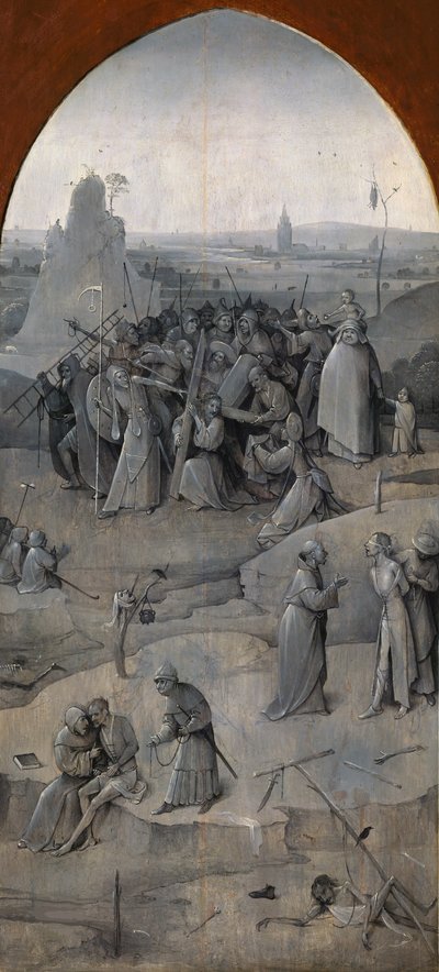 Kuszenie św. Antoniego. Tryptyk, rewers: Chrystus niosący krzyż, 1500-1501. autorstwa Hieronymus Bosch