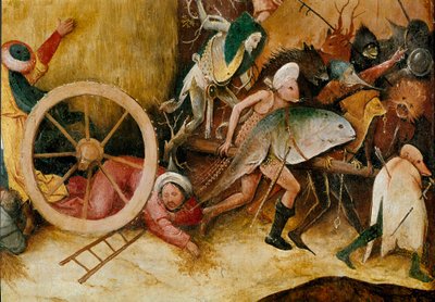 Zbiornik na siano lub tryptyk na siano (wózek na siano): Szczegół panelu centralnego. Postacie potworów, antropomorficzne postacie i mężczyzna rozbija się pod kołem. Obraz Hieronymusa Van Aekena (Aken) dit Jerome Bosch (1450-1516) autorstwa Hieronymus Bosch
