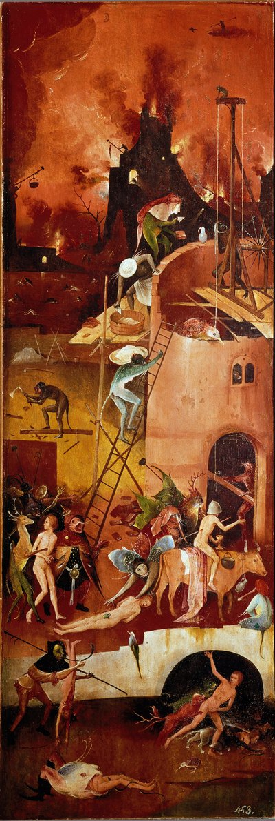 Trypsyda siana: piekielne konstrukcje. Prawy panel wewnętrzny. Obraz na drewnie: Hieronymus Van Aeken (Aken) dit Jerome Bosch (1450-1516) 1500-1502 Dim. 140x232 cm Real Monasterio de El Escorial, El Escorial, Hiszpania autorstwa Hieronymus Bosch