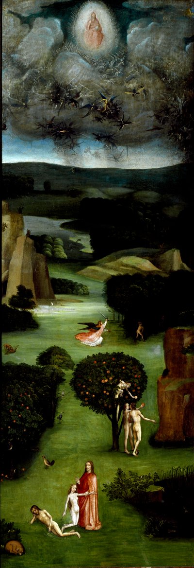 Tryptyk Sądu Ostatecznego (Das Weltgerichts-Triptychon): lewy panel przedstawiający Adama i Ewę w raju. Od dołu do góry: stworzenie (narodziny) Ewy, pokusa Adama i Ewy (grzech pierworodny) oraz ich wygnanie z Ogrodu Eden. Top: autorstwa Hieronymus Bosch