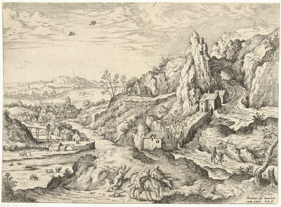 Abraham i Izaak w drodze na miejsce ofiary Pejzaże ze scenami biblijnymi i mitologicznymi (tytuł serii) autorstwa Hieronymus Cock