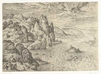 Przybrzeżny krajobraz z Hero i Leander Bohater i Leander Pejzaże ze scenami biblijnymi i mitologicznymi (tytuł serii) autorstwa Hieronymus Cock