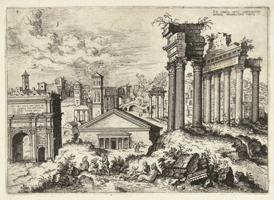 Widok Forum Romanum z Kapitolu Ex variis, apvd capitolvm rvinis (...) (tytuł na obiekcie) Ruiny rzymskie (tytuł serii) autorstwa Hieronymus Cock
