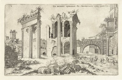 Gezicht op het Forum van Nerva Ex incertis qvibvsdam Ro Antiqvitatis Rvinis (...) (tytuł obiektu) Ruiny rzymskie (tytuł serii) autorstwa Hieronymus Cock