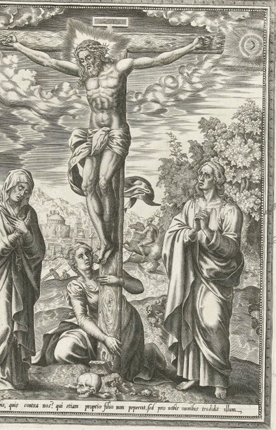 Ukrzyżowanie z Marią, Janem Chrzcicielem i Marią Magdaleną autorstwa Hieronymus Cock