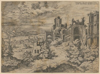 Ruiny Pałacu Palatyńskiego z panoramą krajobrazu, arkusz 3 z serii „Praecipua aliquot Romanae Antiquitatis Ruinarum Monimenta [...]” autorstwa Hieronymus Cock