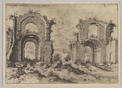 Drugi widok Łaźni Dioklecjana, z zestawu ruin rzymskich, 1550. autorstwa Hieronymus Cock