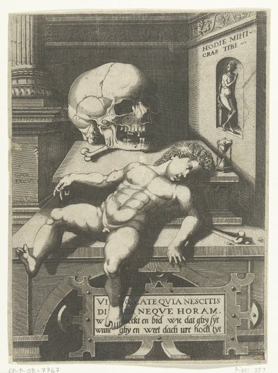 Przedstawienie Vanitas z dzieckiem i czaszką (Hodi mihi kras tibi / Dzisiaj ja, jutro ty) autorstwa Hieronymus Cock