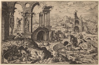 Święty Hieronim w krajobrazie z ruinami autorstwa Hieronymus Cock after Maerten van Heemskerck