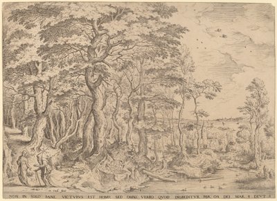 Krajobraz z kuszeniem Chrystusa autorstwa Hieronymus Cock after Pieter Bruegel the Elder