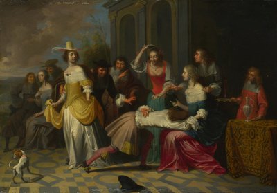 Panie i Panowie grający La Main Chaude, ok. godz. 1655-1665 autorstwa Hieronymus, Janssens