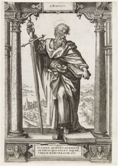 Św. Paweł z Tarsu S. Pavlvs (tytuł na obiekcie) Chrystus i dwunastu apostołów i św. Paweł (tytuł serii) autorstwa Hieronymus Wierix