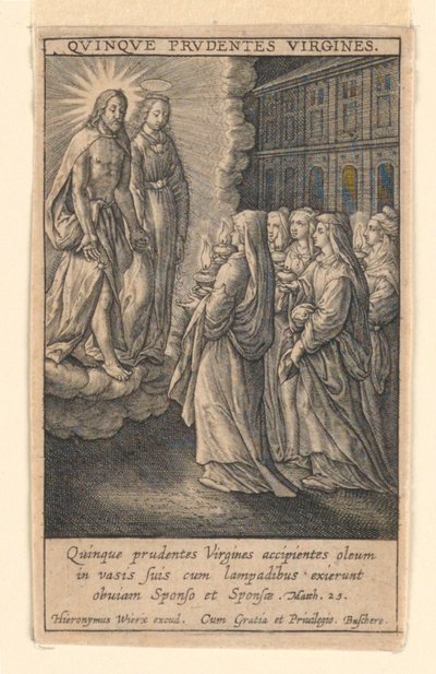 Pięć Mądrych Dziewic, z suity „Speculum Virginitatis” autorstwa Hieronymus Wierix