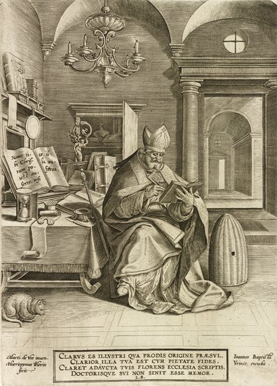 Święty Ambroży, z cyklu Czterej Ojcowie Kościoła, wyd. 1586 autorstwa Hieronymus or Jerome Wierix