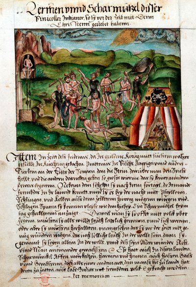 Wenezuelczycy atakujący hiszpańskich konkwistadorów, ok. XVI w. autorstwa Hieronyouse Koler
