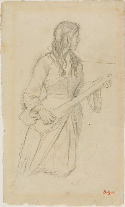 Młoda kobieta grająca na mandolinie, studium do portretu Mlle. Fiocre w balecie "La Source" autorstwa Hilaire Germain Edgar Degas