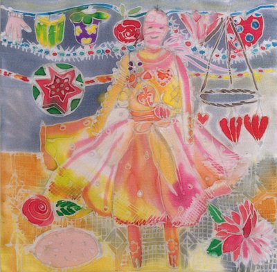 Wróżka z sercami i kwiatami, 2006 (barwniki na jedwabiu) autorstwa Hilary Simon