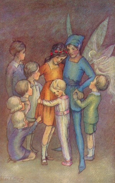 Piotruś Pan i Dzwoneczek (kolorowa litografia) autorstwa Hilda Theodora Miller