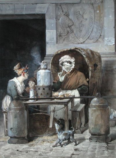 Sprzedawca kawy na rogu Porte Saint-Denis, 1830 (wc na papierze) autorstwa Hippolyte Adam