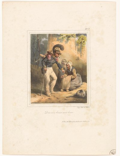 Żołnierz daje biednej kobiecie trochę pieniędzy Dieu vous benira mon brave (tytuł na obiekcie) Album litograficzny nr 9 (tytuł serii) autorstwa Hippolyte Bellange