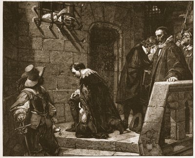 Lord Strafford w drodze na egzekucję, ilustracja z „Kościoła anglikańskiego: historia dla ludu” autorstwa H.D.M. Spence-Jones, wyd. ok. 1910 (zdjęcie w sepii) autorstwa Hippolyte Delaroche