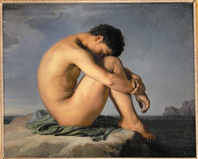Nagi młody mężczyzna siedzący nad morzem ... autorstwa Hippolyte Flandrin