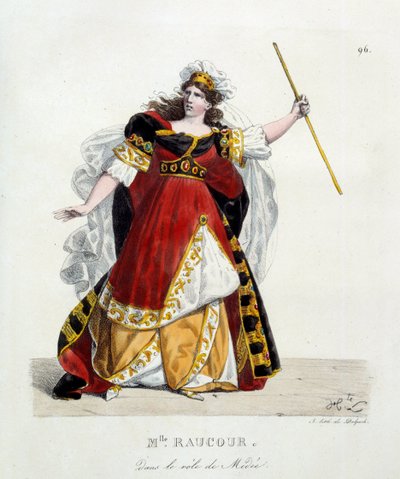 francuska aktorka Mademoiselle Raucourt (zm. 1815) w roli Medee w Komedii Francuskiej; Litografia autorstwa Hippolyte
