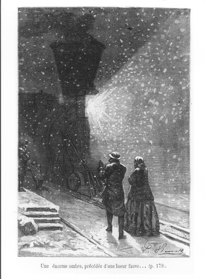 Ogromny cień, poprzedzony jasnym światłem, ilustracja z „W osiemdziesiąt dni dookoła świata” autorstwa Julesa Verne