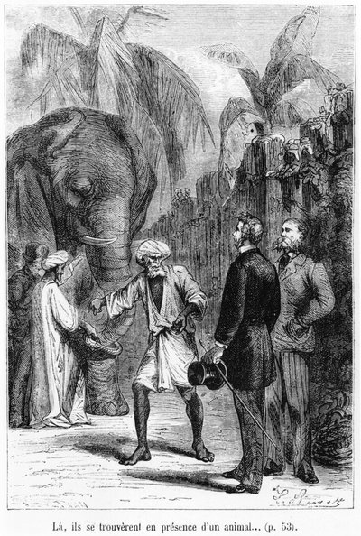 Phileas Fogg przed słoniem, ilustracja z „W osiemdziesiąt dni dookoła świata” autorstwa Julesa Verne