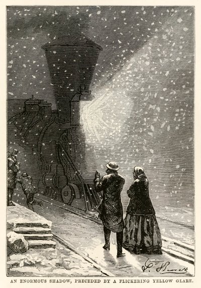 Ogromny cień, poprzedzony migoczącym żółtym blaskiem, z Dookoła świata w osiemdziesiąt dni autorstwa Julesa Verne