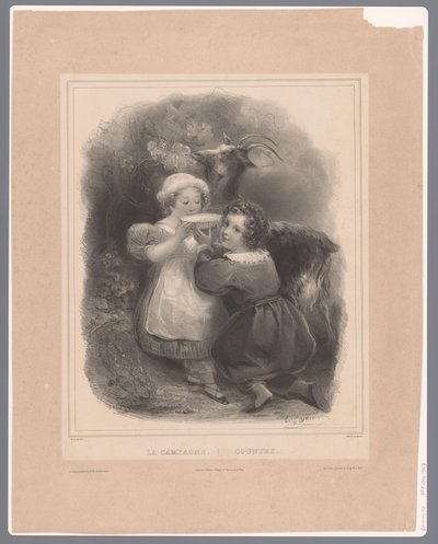 Dwoje dzieci z kozim piciem koziego mleka La Campagne / Kraj (tytuł na obiekcie) autorstwa Hippolyte Louis Garnier