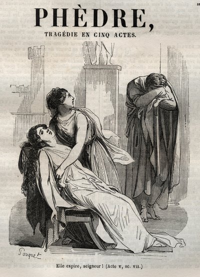 Fedra, Jean Racine (1639-1699 - grawerowanie w ""Dziełach Jeana Racine""" zilustrowane przez Pauqueta i uwaga Emile de La Bedolliere - 1851 autorstwa Hippolyte Louis Pauquet