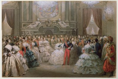 Królowa Wiktoria (1819-1901) i książę Albert (1819-61) na uroczystej kolacji wydanej przez Napoleona III i Eugenię, 1853 (wc na papierze) autorstwa Hippolyte Louis Pauquet