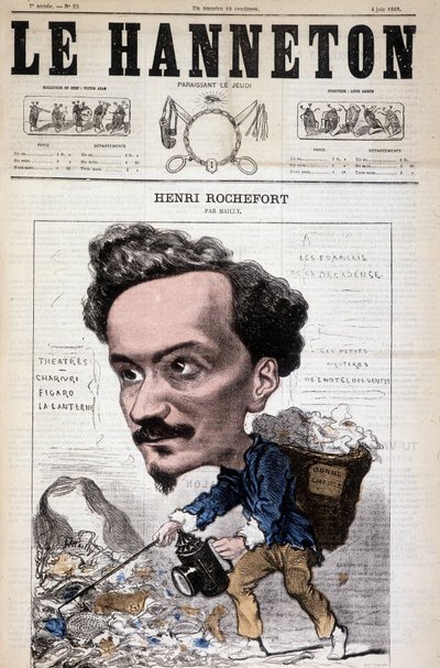 Karykatura Henri Rocheforta (1831-1913), francuskiego dziennikarza, pisarza i polityka. W Le Hanneton, 4 czerwca autorstwa Hippolyte Mailly
