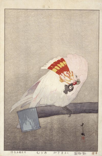 Kakadu na podajniku (kolorowy drzeworyt) autorstwa Hiroshi Yoshida